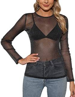 Niwicee Damen T-Shirt Sexy Langarm Transparent Shirt Rundhals Durchsichtige Casual Tops Schwarz Mesh Oberteile Fishnet Sheer Mesh Bluse Tunika Clubwear Party Tops Netzoberteil-C-Blitz-L von Niwicee