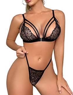 Niwicee Dessous-Set Dame Tiefer V-Ausschnitt Halfter Spitze Reizwäsche Negligee Nachtwäsche Sexy Nachthemd Lingerie Nachtkleid G-String Sleepwear Push up BH und Slip Frauen Unterwäsche-A-Schwarz-M von Niwicee