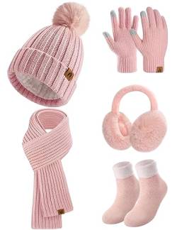 Niwicee Handschuhe Damen Schal Winter Wintermütze Socken Plüsch Ohrenschützer Kombi Set Geschenk Für Outdoor Sport Wärmen Winterschal Winterhandschuhe Warme-Rosa von Niwicee