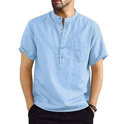 Niwicee Hemden Herren Kurzarm Henley Rundhals Kurzarm,Baumwolle mit Tasche Short Top Regular Fit,Leinenstruktur Freizeithemd T-Shirts Frühling Sommer Casual-Blau-XL von Niwicee