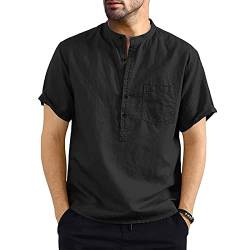 Niwicee Hemden Herren Kurzarm Henley Rundhals Kurzarm,Baumwolle mit Tasche Short Top Regular Fit,Leinenstruktur Freizeithemd T-Shirts Frühling Sommer Casual-Schwarz-XL von Niwicee