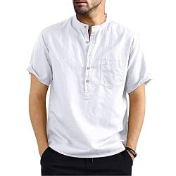 Niwicee Hemden Herren Kurzarm Henley Rundhals Kurzarm,Baumwolle mit Tasche Short Top Regular Fit,Leinenstruktur Freizeithemd T-Shirts Frühling Sommer Casual-Weiß-XXL von Niwicee