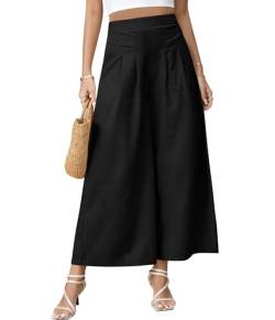 Niwicee Hose Damen Leinenhose Sommer Cropped Freizeithose Weites Bein Hosen Leicht Elegant Baumwolle Bequeme Palazzo Lässig Hose Elastische Taille Sommerhose Stoffhose mit Taschen-Schwarz-M von Niwicee