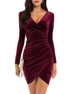 Niwicee Kleid Winter Damen Halloween Kleid Damen Sexy Elegant Slim Samt Cocktailkleid Wickel Weihnachtskleid-Weinrot-L von Niwicee