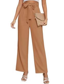 Niwicee Palazzo Hose Damen Einfarbig Lose Gerade Geschnitten Stoffhose Damen Hohe Taille Anzughose Paperbag Elegant Hosen Casual Weite Hose-Khaki-M von Niwicee