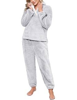 Niwicee Schlafanzug Damen Lang Pyjama Damen 2-Set, Hausanzug Damen Kuschelig Weich Nachtwäsche Sleepwear Pyjamahose,Polar Fleece Oberteile Hosen Warm Anzug Lose Freizeitanzug Mit Tasche-Hellgrau-XL von Niwicee