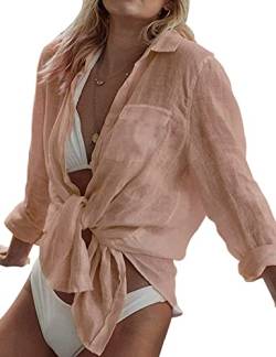 Niwicee Strandkleid Damen Bikini Cover Up Bluse V-Ausschnitt Strandponcho Damen Einfarbig Sexy Sommer Bademode Strand Vertuschen Shirt Leichtes Transparentes Hemd-Rosa-L von Niwicee