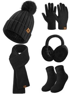 Niwicee Strickmütze Handschuhe Damen Schal Damen Winter Fleece Gefütterte Warm Beanie Mütze Winter Warme Winterschal Kombi Set Grobstrick Schal Damen Geschenk-Schwarz- von Niwicee