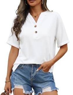Niwicee T Shirt Damen Bluse V-Ausschnitt Musselin Tunika Shirt Sommer Kurzarm Casual Lockere Solide Tunika Damen-Weiß-S von Niwicee