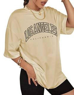 Niwicee T-Shirt Damen Lose Rundhals Kurzarm Baumwolle Breite Schulter Casual Tops Einfarbig Oversize Bluse Oberteil Sommer Basic Shirt mit Kreativen Buchstaben Teenager Mädchen Vintage-Aprikose-M von Niwicee