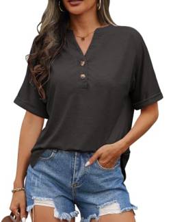 Niwicee T-Shirt Damen V-Ausschnitt Knopfleiste Bluse Solide Tunika Kurzarm Tops Damen T Shirt mit V-Ausschnitt Kurzärmeliges Casual Lockere Basic Sommer Tee Shirts Bluse-Schwarz-XXL von Niwicee