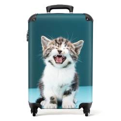 NoBoringSuitcases.com® Kinderkoffer Trolley Handgepäck Kleiner Koffer mit Rollen Suitcase Geschenke - Kätzchen - Blau - Reisetrolley Kindergepäck Koffer klein, 55x40x20 von NoBoringSuitcases.com