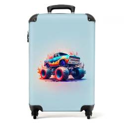 NoBoringSuitcases.com® Kindertrolley Jungen Handgepäck Mini Koffer Suitcase Monstertruck - Flammen - Blau - 55x35x20cm von NoBoringSuitcases.com