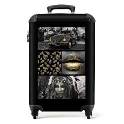 NoBoringSuitcases.com® Koffer Handgepäck Trolley Rollkoffer Kleine Reisekoffer mit 4 Rollen - Collage - Frau - Laub - Gold - Auto - 55x35x20cm - Fotokoffer - Kabinenkoffer - Boardgepäck von NoBoringSuitcases.com