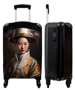 NoBoringSuitcases.com® Koffer Handgepäck Trolley Rollkoffer Kleine Reisekoffer mit 4 Rollen - Frauen - Asiatisch - Blumen - Porträt - 55x35x20cm - Fotokoffer - Kabinenkoffer - Boardgepäck von NoBoringSuitcases.com