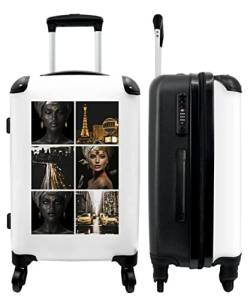 NoBoringSuitcases.com® Koffer groß Trolley Rollkoffer Reisekoffer mit 4 Rollen Fotokoffer - Frau - Collage - Gold - Architektur - Auto - 67x43x25cm - 90 Liter von NoBoringSuitcases.com