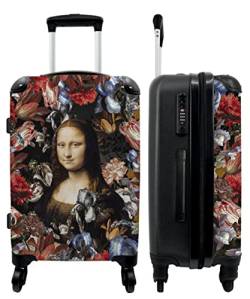 NoBoringSuitcases.com® Koffer groß Trolley Rollkoffer Reisekoffer mit 4 Rollen Fotokoffer - Kunst - Mona Lisa - Blumen - Da Vinci - Frau - 67x43x25cm - 90 Liter von NoBoringSuitcases.com