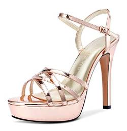 NobleOnly Damen Ankle-Strap Sandalen Plattform Peep-Toes Slingback Stilettos 13CM High Heels Gold Schuhe EU39 von NobleOnly