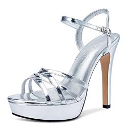 NobleOnly Damen Ankle-Strap Sandalen Plattform Peep-Toes Slingback Stilettos 13CM High Heels Silber Schuhe EU38.5 von NobleOnly