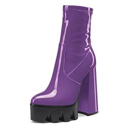 NobleOnly Damen Chunky Blockabsatz Hoher High Absatz Heel Plateau Plattform Geschlossene Zehenkappe Stiefeletten Slip-on Sexy Dress Reißverschluss 14 CM Heels Violett 39 EU von NobleOnly