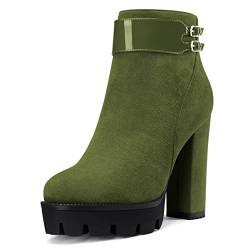 NobleOnly Damen Chunky Blockabsatz Hoher High Plateau Plattform Absatz Heel Runde Zehenkappe Stiefeletten Reißverschluss 12 CM Heels Stiefel Grün D 37 EU von NobleOnly