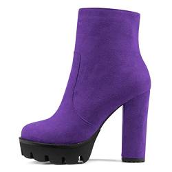 NobleOnly Damen Chunky Blockabsatz Hoher High Plateau Plattform Absatz Heel Runde Zehenkappe Stiefeletten Reißverschluss Party Klassisch Stiefel Violett 37 EU von NobleOnly