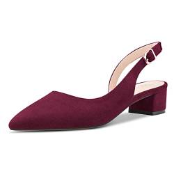 NobleOnly Damen Chunky Blockabsatz Niedrige Absatz Heel Geschlossene Spitze Zehenkappe Sandalen Slingback Slip-on Schnalle Pumps Hochzeit Dress Cute 3.5 CM Heels Schuhe Rot Wildleder 39 EU von NobleOnly