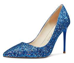 NobleOnly Damen High Heels Lederfutter Stilettos Slip-On Pumps 10CM Heel Blau Glitter Schuhe EU 39.5 von NobleOnly
