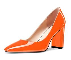 NobleOnly Damen Hoher High Chunky Blockabsatz Absatz Heel Eckige Geschlossene Zehenkappe Slip-on Pumps Klassisch Cute Dress Schuhe Orange Lackleder 38 EU von NobleOnly