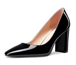 NobleOnly Damen Hoher High Chunky Blockabsatz Absatz Heel Eckige Geschlossene Zehenkappe Slip-on Pumps Klassisch Cute Dress Schuhe Schwarz Lackleder 40 EU von NobleOnly