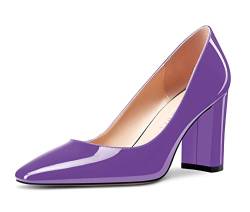 NobleOnly Damen Hoher High Chunky Blockabsatz Absatz Heel Eckige Geschlossene Zehenkappe Slip-on Pumps Klassisch Cute Dress Schuhe Violett Lackleder 40 EU von NobleOnly