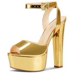 NobleOnly Damen Hoher High Chunky Blockabsatz Plateau Plattform Absatz Heel Peep Zehenkappe Knöchelriemen Sandalen Abschlussball Dress Schuhe 15 CM Heels Gold Lackleder 38 EU von NobleOnly