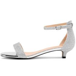 NobleOnly Damen Kitten Absatz Heel Open Zehenkappe Glitzer Knöchelriemen Sandalen Two-Piece Schnalle Dress Abschlussball Lässig Schuhe 3 CM Heels Silber 38 EU von NobleOnly