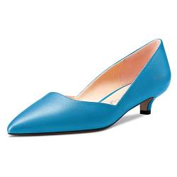 NobleOnly Damen Kitten Niedrige Absatz Heel Spitze Zehenkappe Pumps Slip-on Hochzeit Büroschuhe 3.5 cm Heels Blau 42 EU von NobleOnly