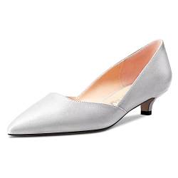 NobleOnly Damen Kitten Niedrige Absatz Heel Spitze Zehenkappe Pumps Slip-on Hochzeit Büroschuhe 3.5 cm Heels Silber 37 EU von NobleOnly