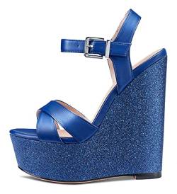 NobleOnly Damen Mode-Sandalen Plattform Keilsandale Peep-Toes Ankle-Strap 16CM Wedge High Heels Blau Glitter Schuhe EU 42 von NobleOnly