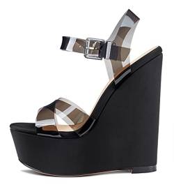 NobleOnly Damen Mode-Sandalen Plattform Keilsandale Peep-Toes Ankle-Strap 16CM Wedge High Heels Schwarz Transparent Schuhe EU 36 von NobleOnly