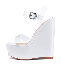 NobleOnly Damen Mode-Sandalen Plattform Keilsandale Peep-Toes Ankle-Strap 16CM Wedge High Heels Weiß Schuhe EU43 von NobleOnly