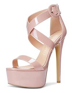 NobleOnly Damen Mode-Sandalen Plattform Peep-Toes Ankle-Strap 15CM Stilettos High Heels Beige Lackleder Schuhe EU 39 von NobleOnly