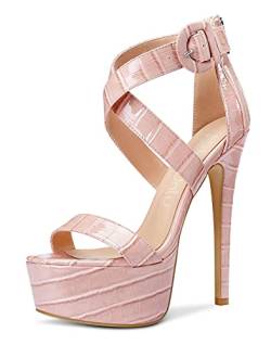 NobleOnly Damen Mode-Sandalen Plattform Peep-Toes Ankle-Strap 15CM Stilettos High Heels Pink Schuhe EU 40 von NobleOnly