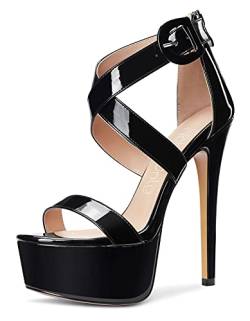 NobleOnly Damen Mode-Sandalen Plattform Peep-Toes Ankle-Strap 15CM Stilettos High Heels Schwarz Lackleder Schuhe EU 37 von NobleOnly