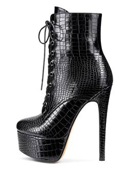 NobleOnly Damen Mode-Stiefel Plattform Stiefeletten Stilettos Boots Knöchelhoch Plateau Reißverschluss 16CM High Heels Schwarz Matte Schuhe EU 36 von NobleOnly
