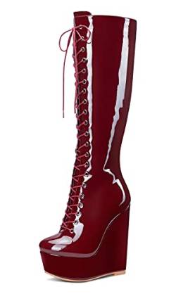 NobleOnly Damen Mode-Stiefel Plattform Wedge Mid Calf Boots Reißverschluss Wadenhoch 16CM High Heels Rot Burgund Lackleder Schuhe EU 40 von NobleOnly