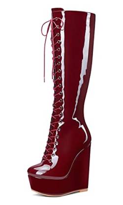 NobleOnly Damen Mode-Stiefel Plattform Wedge Mid Calf Boots Reißverschluss Wadenhoch 16CM High Heels Rot Burgund Lackleder Schuhe EU 43 von NobleOnly