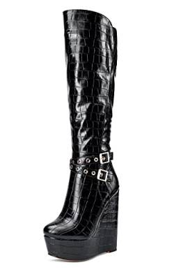 NobleOnly Damen Mode-Stiefel Plattform Wedge Mid Calf Boots Reißverschluss Wadenhoch 16CM High Heels Schwarz Gitter Schuhe EU 38 von NobleOnly