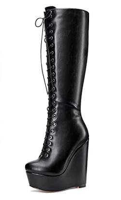 NobleOnly Damen Mode-Stiefel Plattform Wedge Mid Calf Boots Reißverschluss Wadenhoch 16CM High Heels Schwarz Matte Schuhe EU 38 von NobleOnly