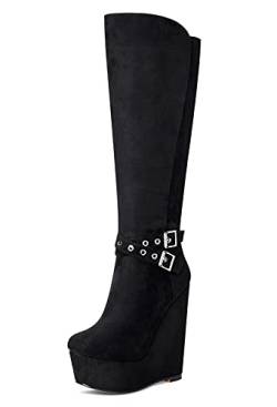 NobleOnly Damen Mode-Stiefel Plattform Wedge Mid Calf Boots Reißverschluss Wadenhoch 16CM High Heels Schwarz Taste Schuhe EU 36 von NobleOnly