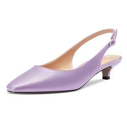 NobleOnly Damen Niedrige Kitten Absatz Heel Eckige Zehenkappe Slingback Pumps Slip-on Büroschuhe Cute Dress 3.5 CM Heels Sandalen Violett Matt 39 EU von NobleOnly