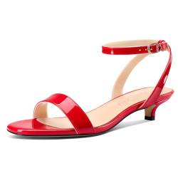 NobleOnly Damen Niedrige Kitten Absatz Heel Open Zehenkappe Knöchelriemen Slingback Sandalen Dress Lässig Schnalle Schuhe 3 CM Heels Rot 45 EU von NobleOnly