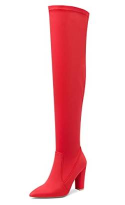 NobleOnly Damen Over-Knee Stiefel Reißverschluss Blockabsatz 10CM High Heels Boots Rot Satin Schuhe EU 42 von NobleOnly